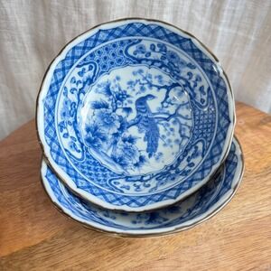 Set of 2 Vintage Japanese Andrea by Sadek Peacock Bowl Trinket Dish Blue White